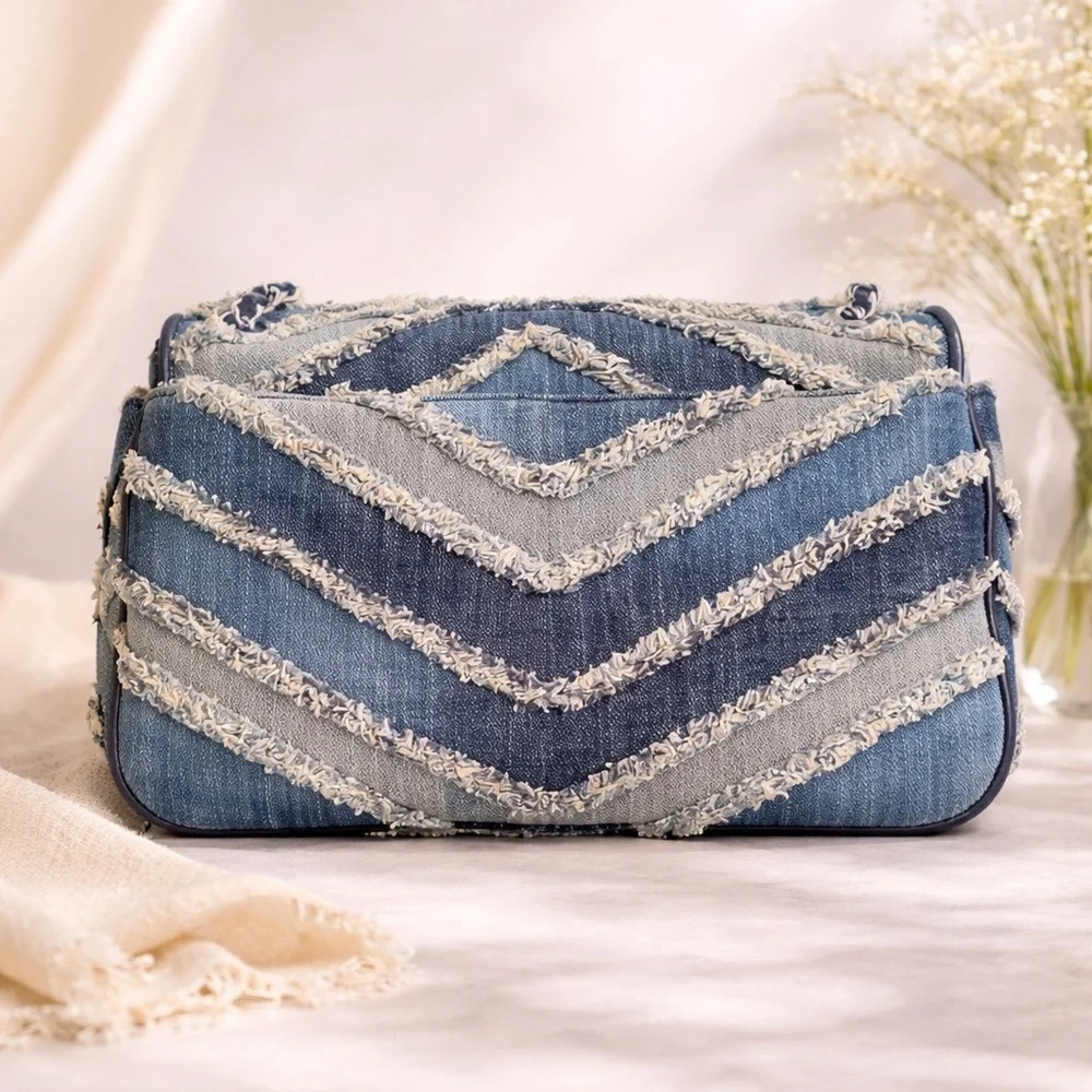 Michael Kors Sloan Small Denim Chevron Patchwork MK Silver Chain Shoulder Bag